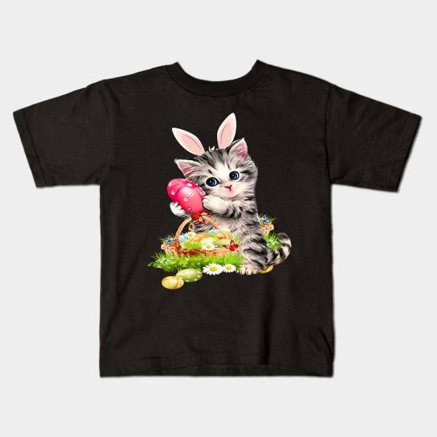 Cute Cat Pet Hunting Egg Tree Bunny Easter Day Kids T-Shirt by cruztdk5